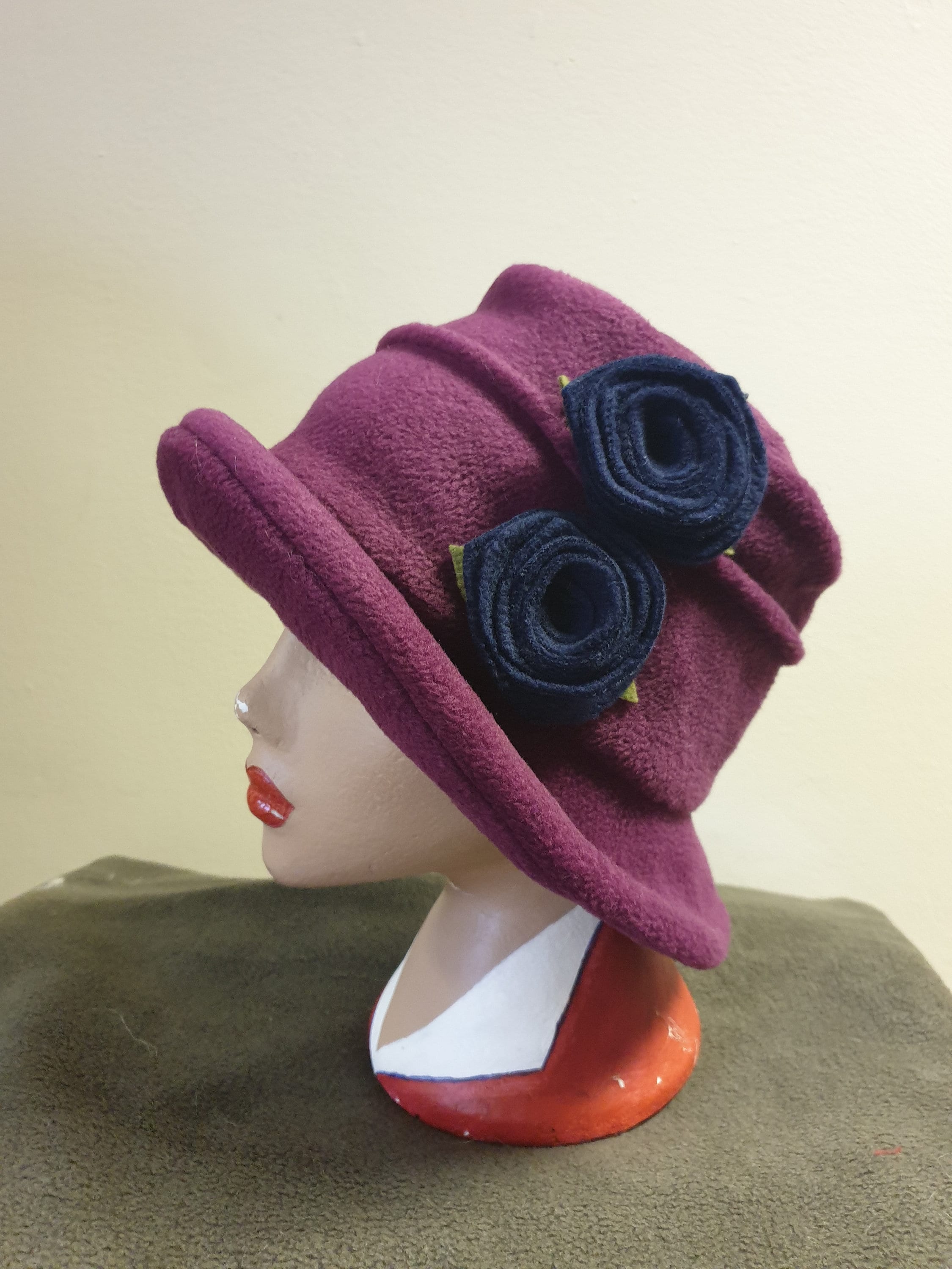 Plum Fleece Hat Lined with Polar Fleece-Downton Abbey Hat-Womens Fleece Hat-Womens Fleece Winter Hat-1930's-Vintage Hat-Ladies Winter Hat