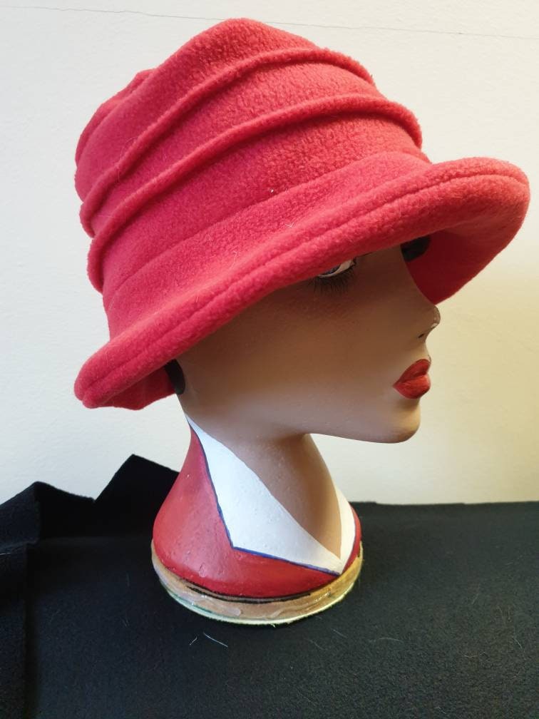 Red Fleece Hat Lined with Polar Fleece-Downton Abbey Hat-Womens Fleece Hat-Womens Fleece Winter Hat-1930's-Vintage Hat-Ladies Winter Hat