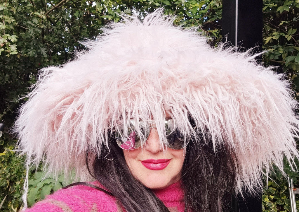 Oversized Pink Faux Fur Bucket Hat | Extra Wide Wired Brim | Festival Hat