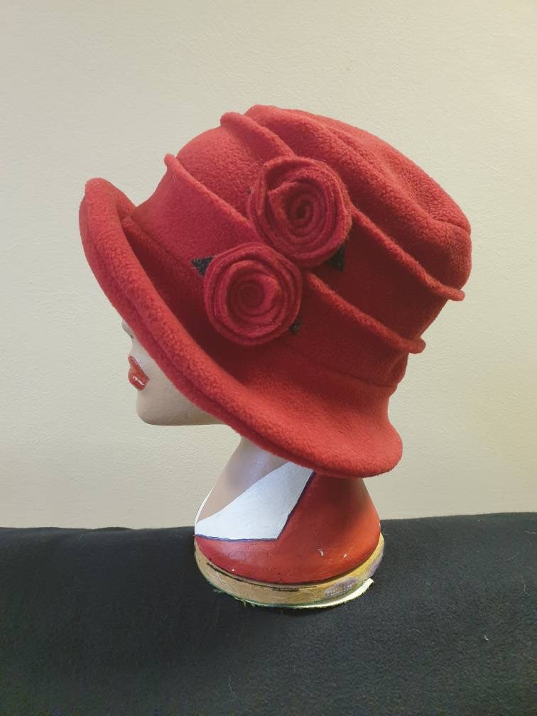 Flower Trimed Red Fleece Hat-Polar Fleece Lining-Downton Abbey Hat-Womens Fleece Hat-Womens Fleece Winter Hat-1930's-Ladies Winter Hat