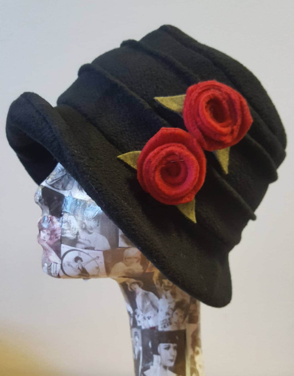 Handmade Black Fleece Hat with Red Flowers-Polar Fleece Lining-Downton Abbey Hat-Cloche Hat-Womens Fleece Winter Hat-1930's Hat-Fleece Hat