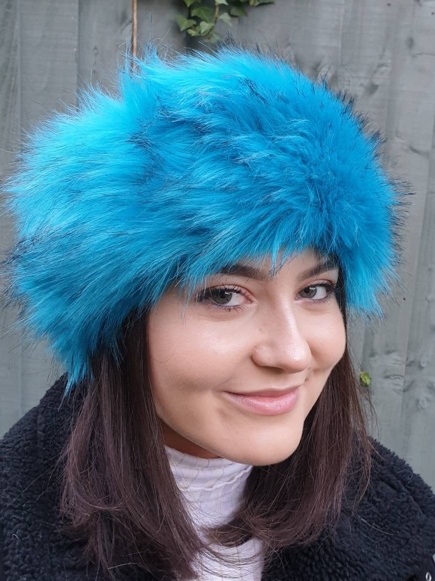 Turquoise Blue Luxury Faux Fur Headband-Blue Fur Headband- Neckwarmer- Earwarmer-Head Wrap-Fur Head Wrap- Handmade in Lancashire England
