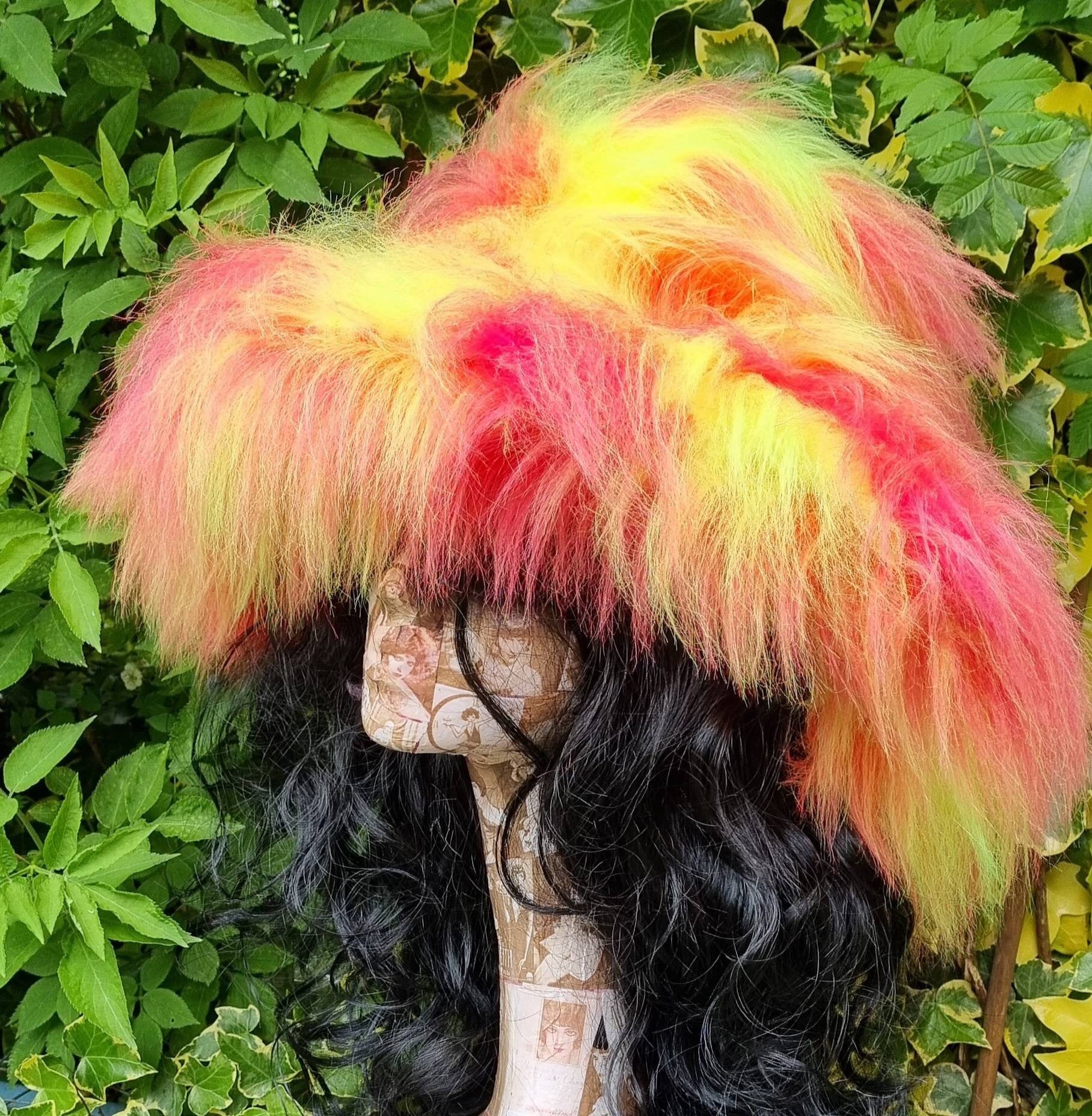 Mega Fluffy Extra Wide Wire Brim Fuzzy Bucket Hat-Pink and Yellow Oversized Bucket Hat -Vegan friendly-Wide Brim-Festival-Pink Fur-Yellow