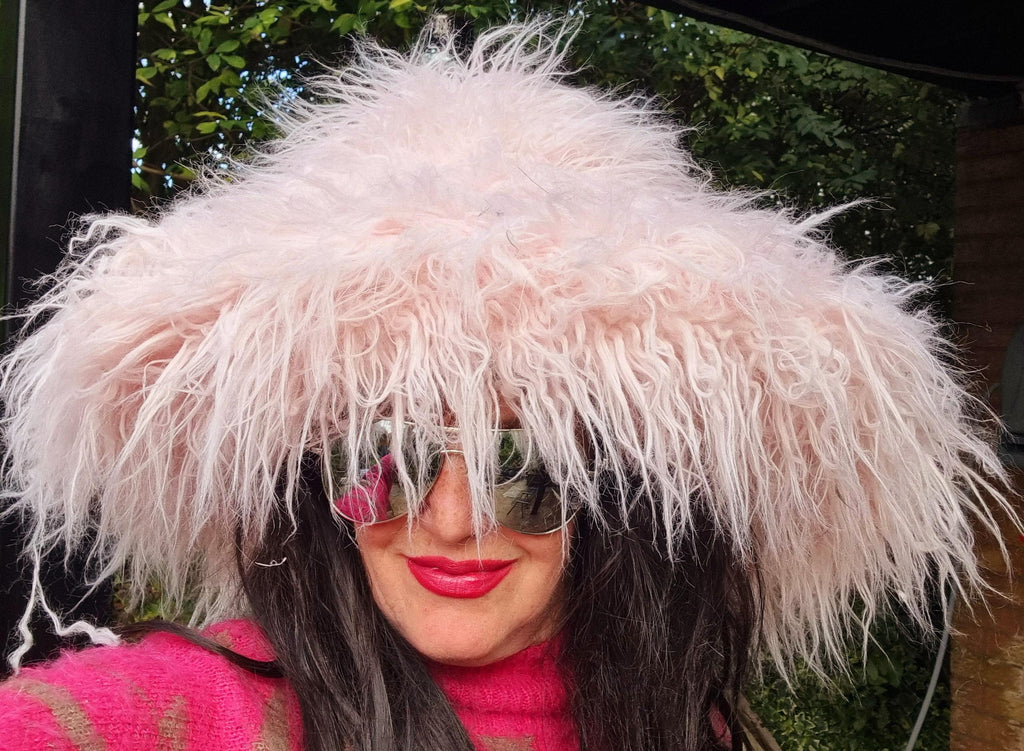 Oversized Pink Faux Fur Bucket Hat | Extra Wide Wired Brim | Festival Hat