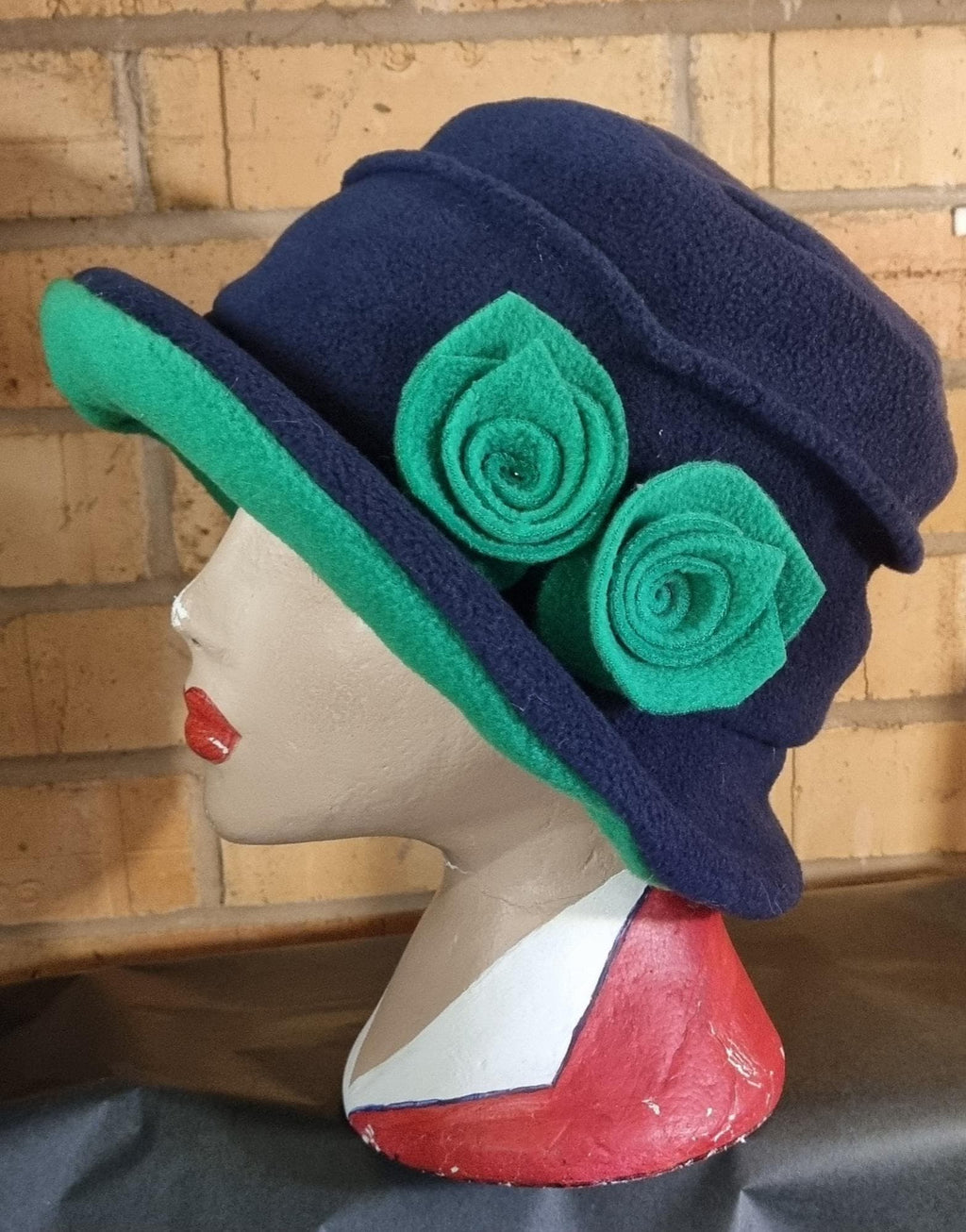 Fleece Cloche Hat: Navy Blue & Green, Downton Abbey Style