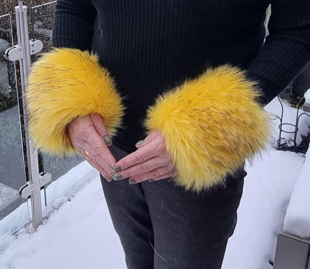 Canary Yellow Faux Fur Cuffs | Fluffy Wrist Warmers | Handmade in England