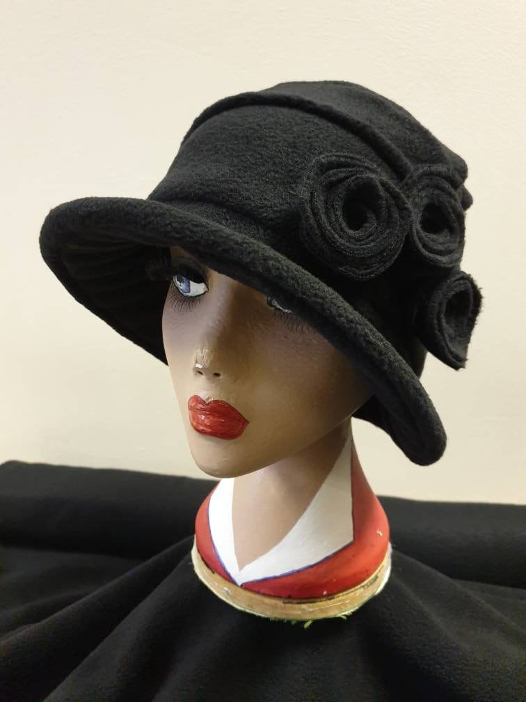 Cosy Black Fleece Hat with Pleated Top-Fully Fleece Lined-Downton Abbey Hat-Womens Fleece Hat-Womens Fleece Winter Hat-Ladies Winter Hat