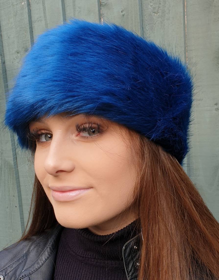 Sapphire Blue Luxury Faux Fur Headband / Neckwarmer / Earwarmer-Head Wrap-Fur Head Wrap-  Handmade in Lancashire England