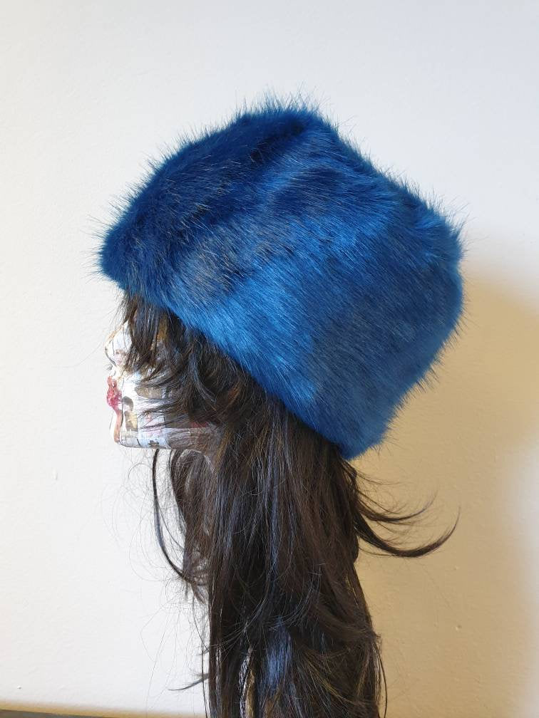 Sapphire Blue Luxury Short Faux Fur Hat with Polar Fleece Lining-Fur Hat-Fake Fur Hat-Winter Hat-Long Fur Hat-Cossack Hat-Blue Fur Hat