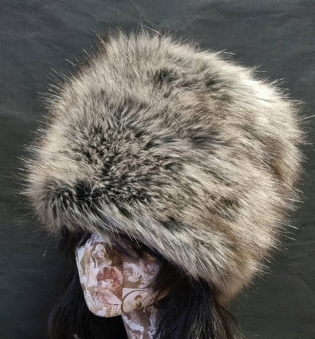 Grey and Brown Luxury Faux Fur Hat with Polar Fleece Lining- Fur Hat-Fake Fur Hat-Winter Hat- Grey Fur Hat- Vegan Fur Hat- Grey Fur- Brown
