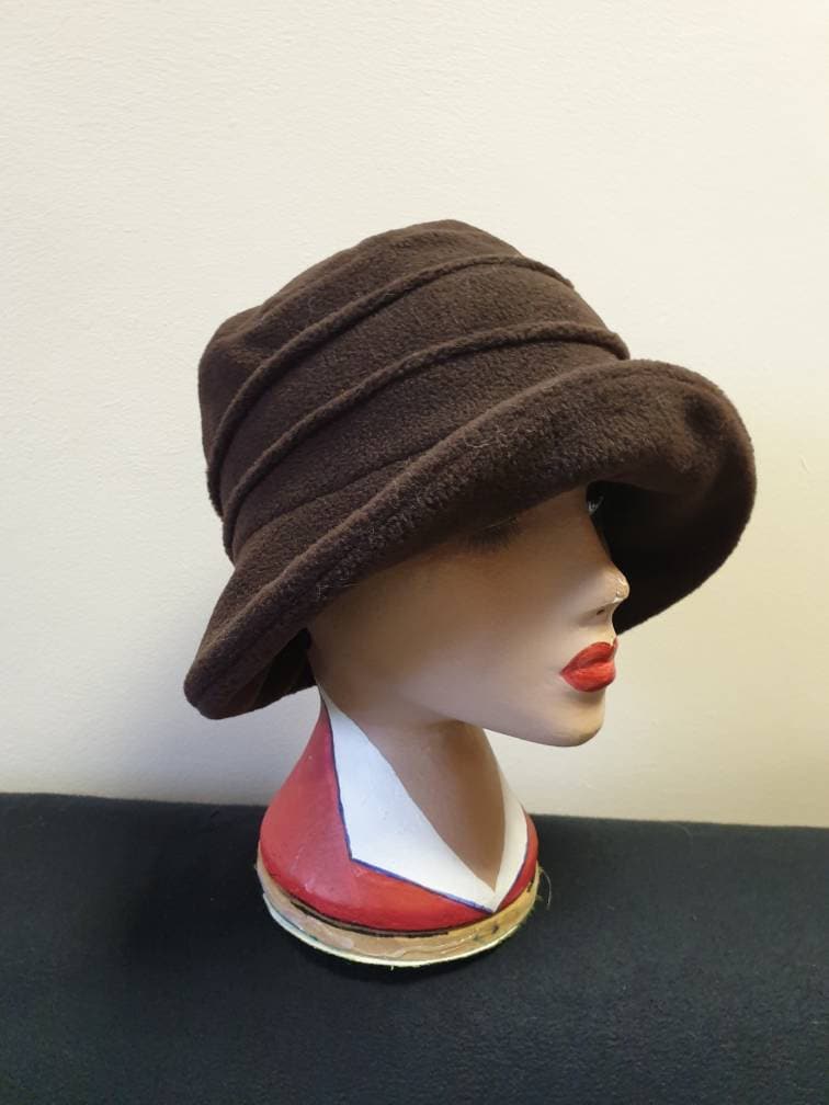 Chocolate Brown Fleece Cloche Hat with Purple Flowers-Fleece Lining-Downton Abbey Hat-Womens Fleece Hat-Ladies Winter Hat-Brown Polar Fleece