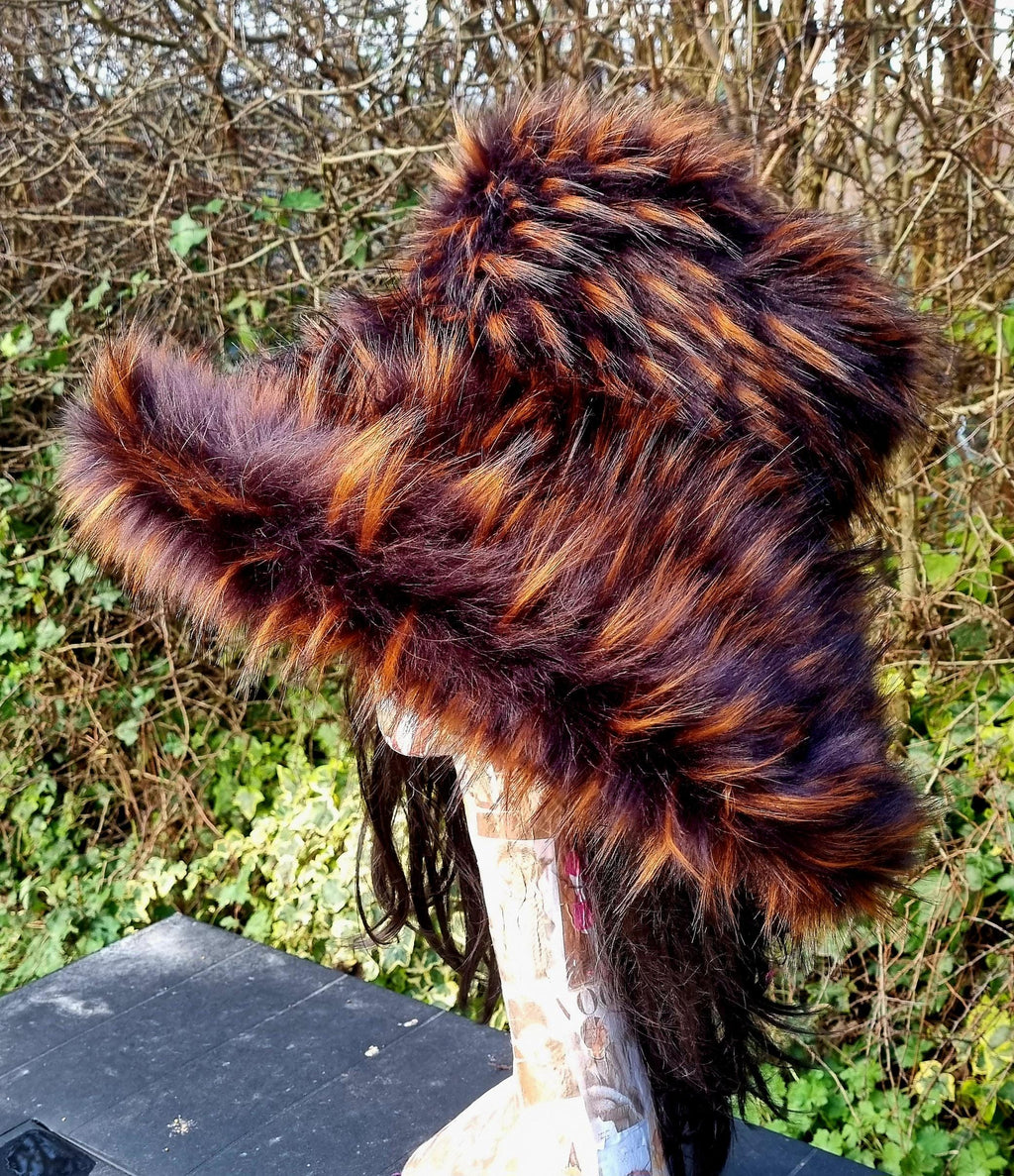 Brown & Orange Faux Fur Bucket Hat | Extra Wide Wired Brim | Handmade Festival Hat