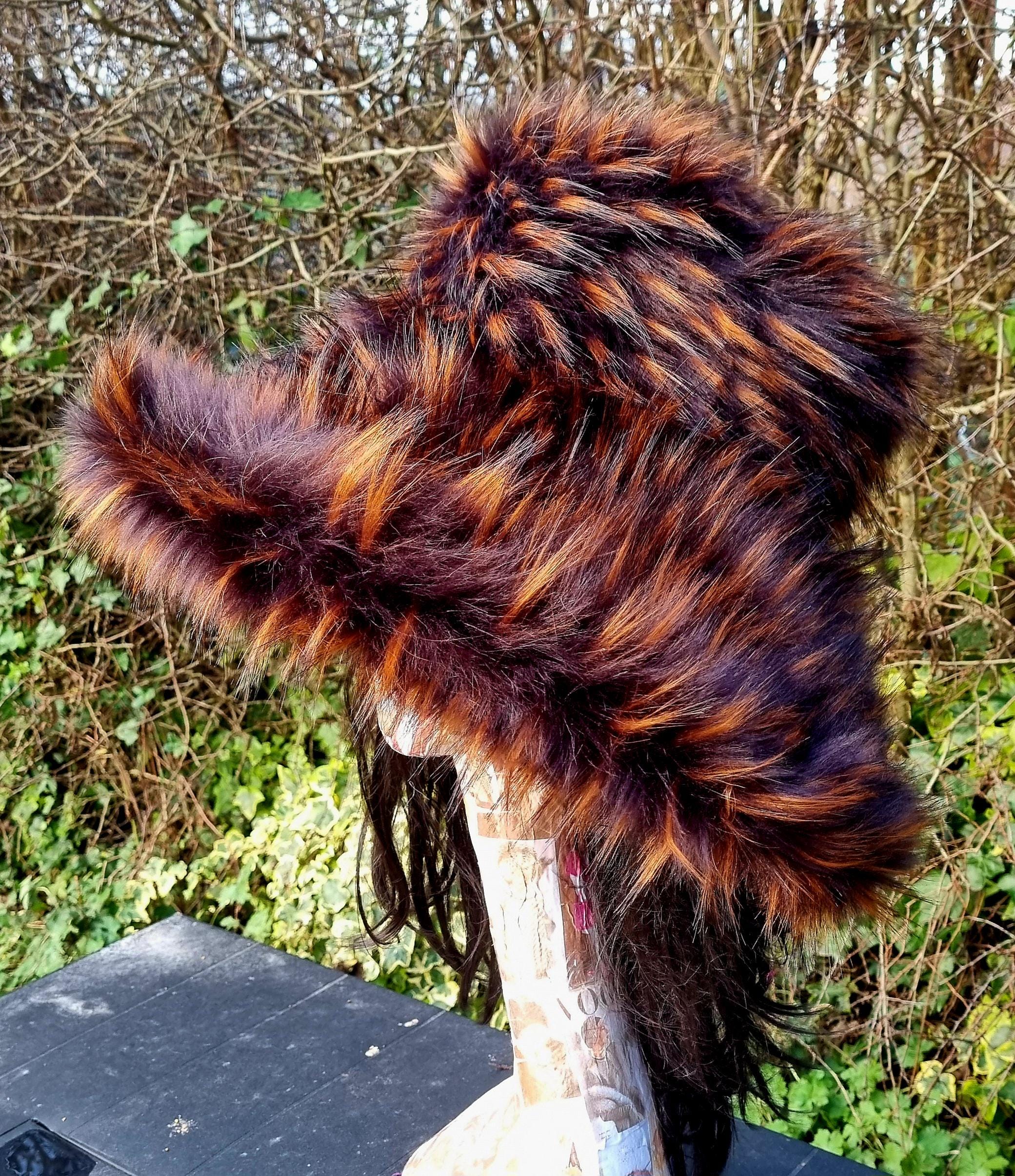 Brown & Orange Faux Fur Bucket Hat | Extra Wide Wired Brim | Handmade Festival Hat