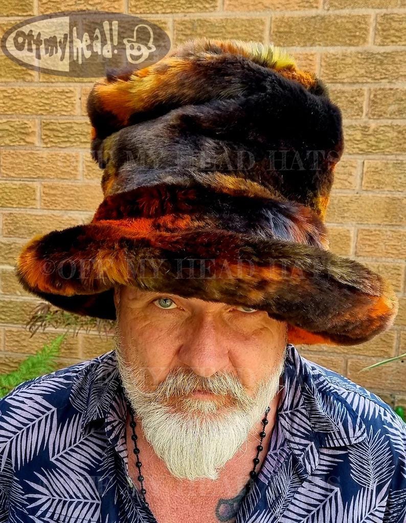 Tall Faux Fur Hat | Black, Brown & Orange | Handmade in the UK