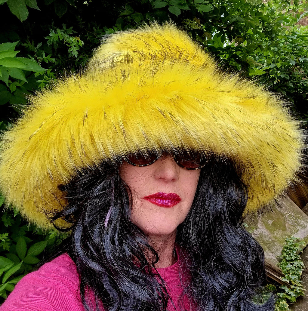 Canary Yellow Black Tips Faux Fur Bucket Hat | Extra Wide Wired Brim | Handmade Festival Hat