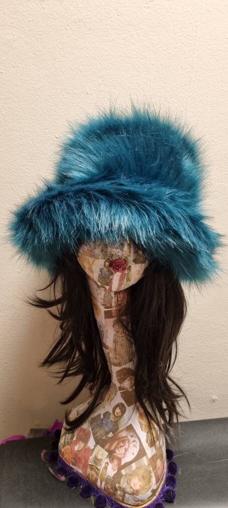 Fuzzy Bucket Hat in Petrol Blue-Festival Hat-Floppy Hat-Fur Hat-Fake Fur Hat-Rave Hat-Petrol Bucket Hat-Blue Fur Hat-vegan friendly hat