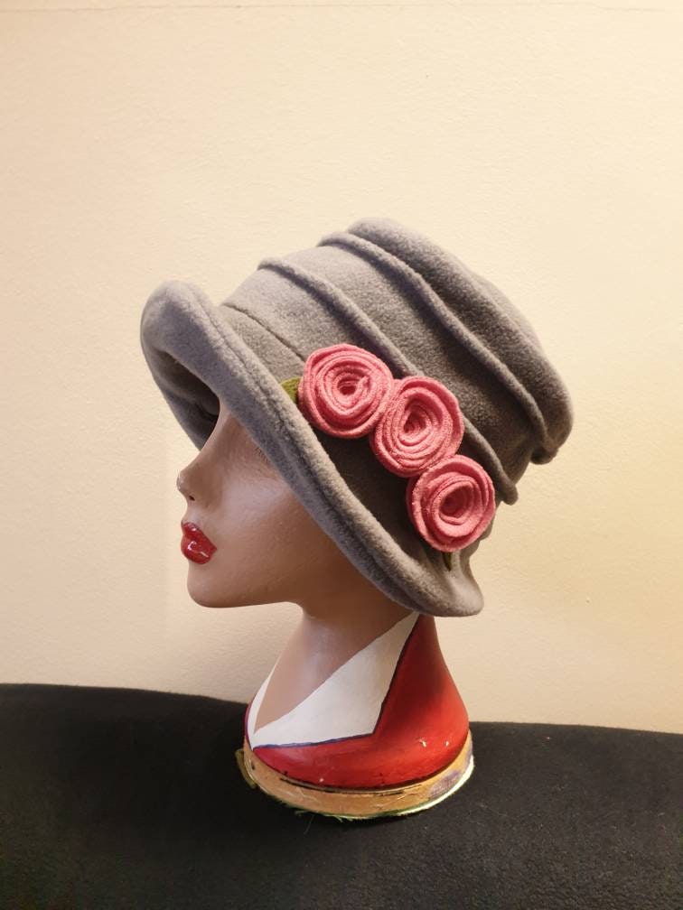 Light Grey Fleece Hat-Polar Fleece Lining-Downton Abbey Hat-Cloche Hat-Womens Fleece Winter Hat-1930's-Ladies Winter Hat-Grey Fleece Hat