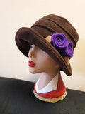 Chocolate Brown Fleece Cloche Hat with Purple Flowers-Fleece Lining-Downton Abbey Hat-Womens Fleece Hat-Ladies Winter Hat-Brown Polar Fleece