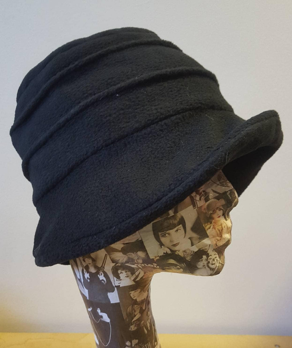 Handmade Black Fleece Hat with Red Flowers-Polar Fleece Lining-Downton Abbey Hat-Cloche Hat-Womens Fleece Winter Hat-1930's Hat-Fleece Hat
