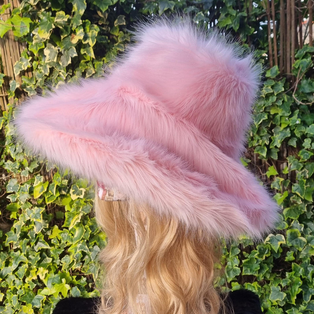 Pale Pink Oversized Faux Fur Bucket Hat | Wire Brim | Handmade in England