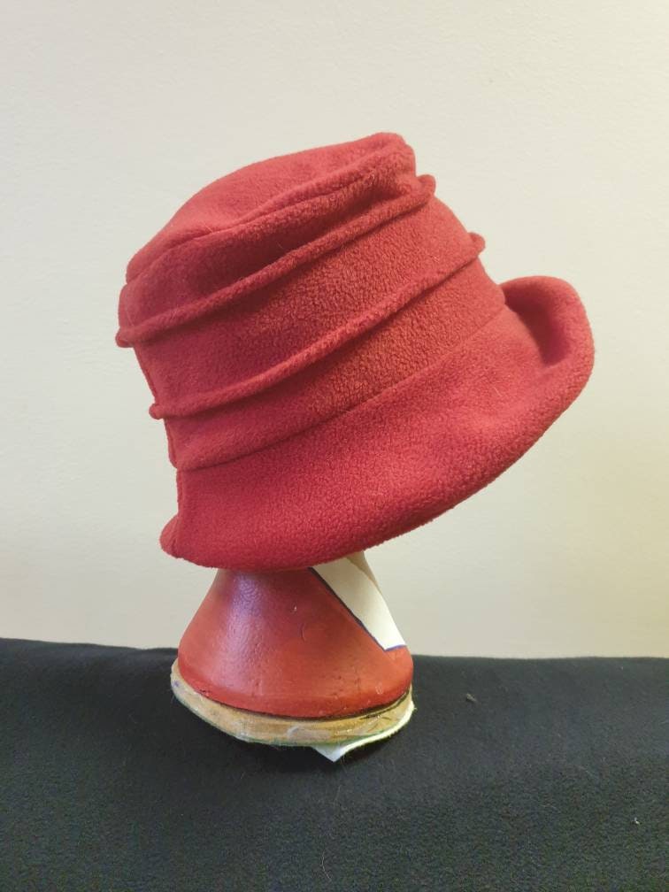 Flower Trimed Red Fleece Hat-Polar Fleece Lining-Downton Abbey Hat-Womens Fleece Hat-Womens Fleece Winter Hat-1930's-Ladies Winter Hat