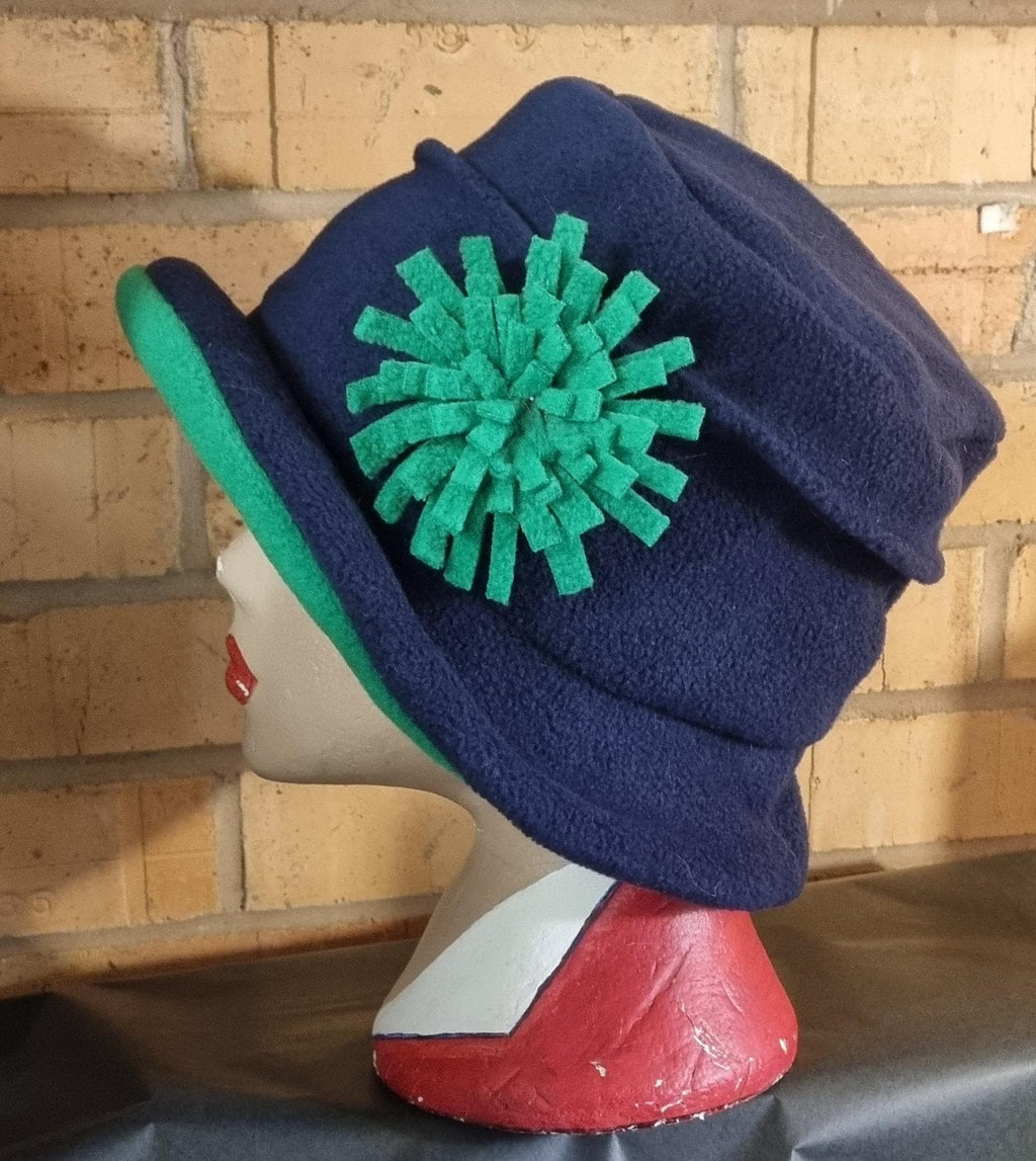 Fleece Cloche Hat: Navy Blue & Green, Downton Abbey Style