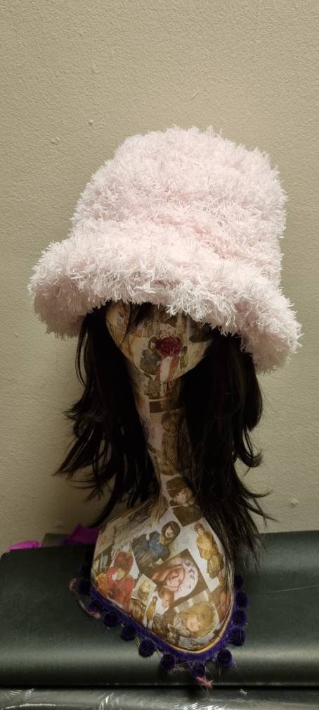 Curly Frills Baby Pink Faux Fur Bucket Hat-Festival Hat-Floppy Hat-Fur Hat-Fake Fur Hat-Rave Hat-Pink Fur Hat-Baby Pink Fur-Y2K Vegan Hat