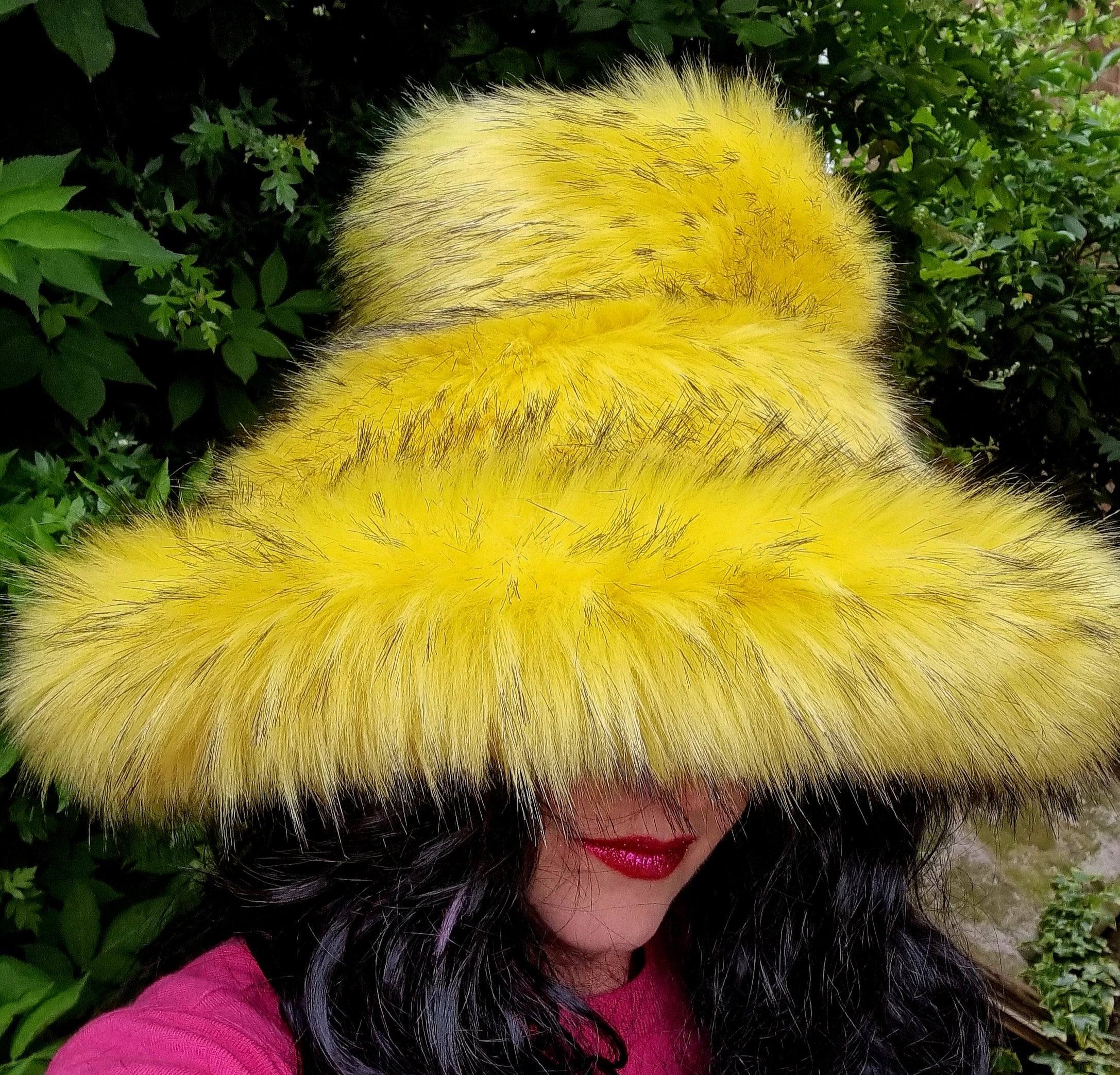 Canary Yellow Black Tips Faux Fur Bucket Hat | Extra Wide Wired Brim | Handmade Festival Hat