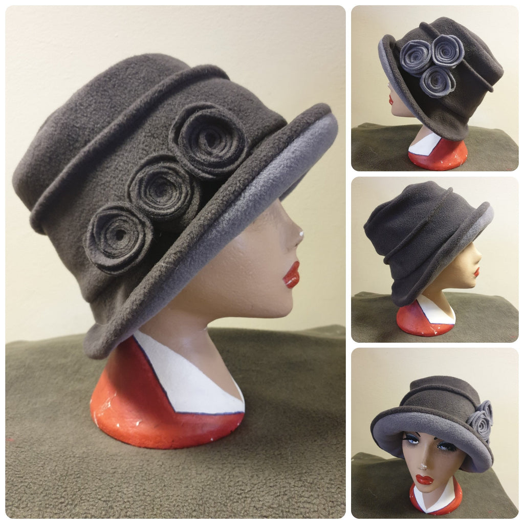 Dark/Light Grey Hat Lined with Polar Fleece-Downton Abbey Hat-Womens Fleece-Womens Fleece Winter Hat-1930's-Vintage Hat-Ladies Winter Hat