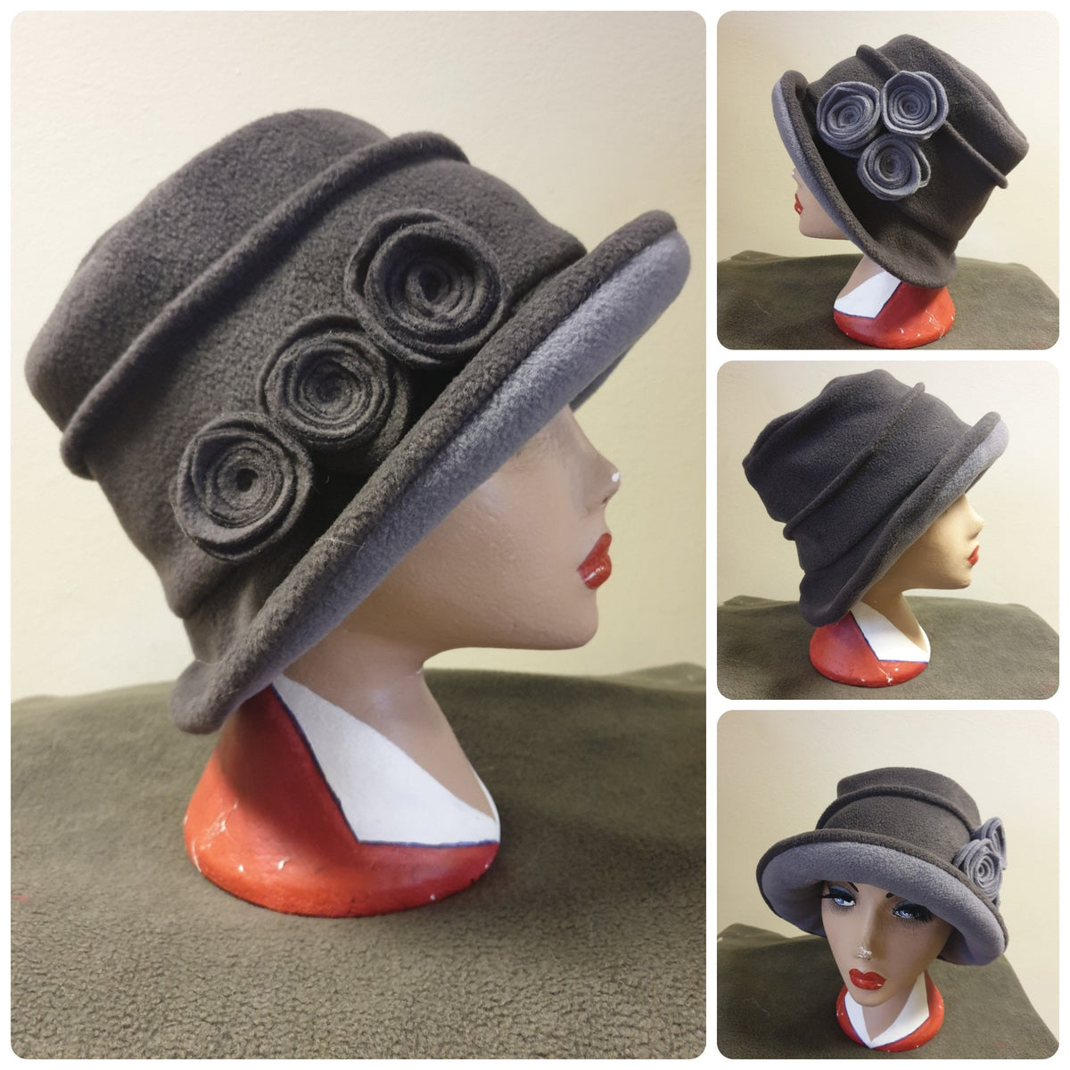 Dark/Light Grey Hat Lined with Polar Fleece-Downton Abbey Hat-Womens Fleece-Womens Fleece Winter Hat-1930's-Vintage Hat-Ladies Winter Hat