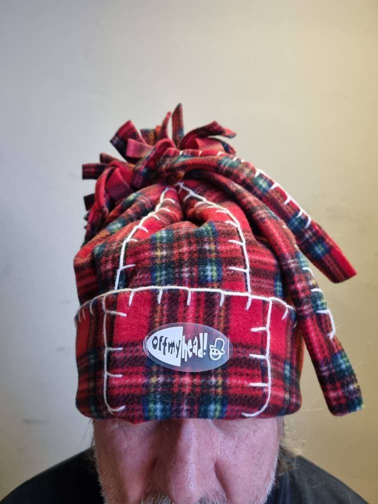 Original Off My Head Hat Tartan Fleece Hat with Blanket Stitch Detail Double Fleece- Fleece Tie Top Hat-Off My Head Hats