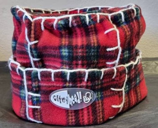 Original Off My Head Hat Tartan Fleece Hat with Blanket Stitch Detail Double Fleece- Fleece Pill Box Hat-Off My Head Hats- Tartan Hat-Fleece