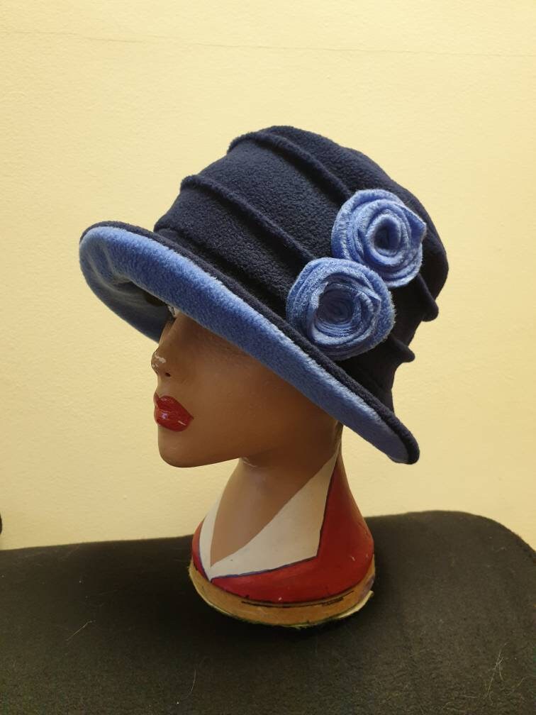 Two Tone Blue Fleece Hat-Fully Fleece Lined-Downton Abbey Hat-Womens Fleece Hat-Womens Fleece Winter Hat-Ladies Winter Hat