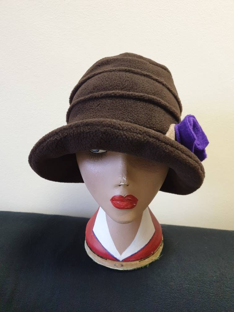 Chocolate Brown Fleece Cloche Hat with Purple Flowers-Fleece Lining-Downton Abbey Hat-Womens Fleece Hat-Ladies Winter Hat-Brown Polar Fleece
