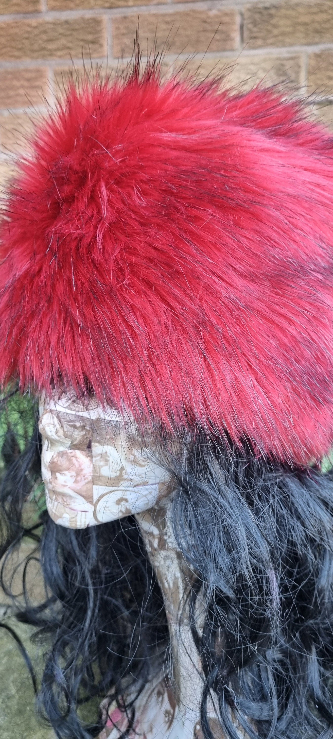Vibrant Red/Black Luxury Faux Fur Hat with Polar Fleece Lining-Fur Hat-Fake Fur Hat-Winter Hat-Long Fur Hat-Red Fur Hat