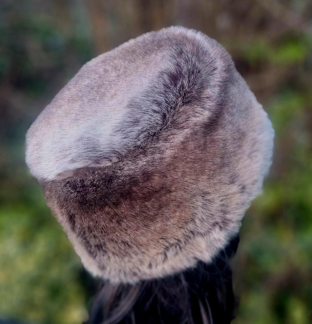 Faux Chinchilla- Winter Faux Fur Hat-Brown-Grey Fur Hat-Brown Fake Fur-Fur Pill Box Hat-Winter Fake Fur Hat Silver Grey- Vegan Fabric