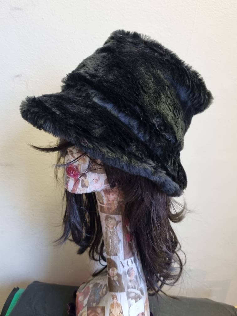 Short Black Fun Fur Bucket Hat-Festival Hat-Floppy Hat-Fur Hat-Fake Fur Hat-Rave Hat-Black Fur Hat- Black Fur Hat- Furry Bucket Hat