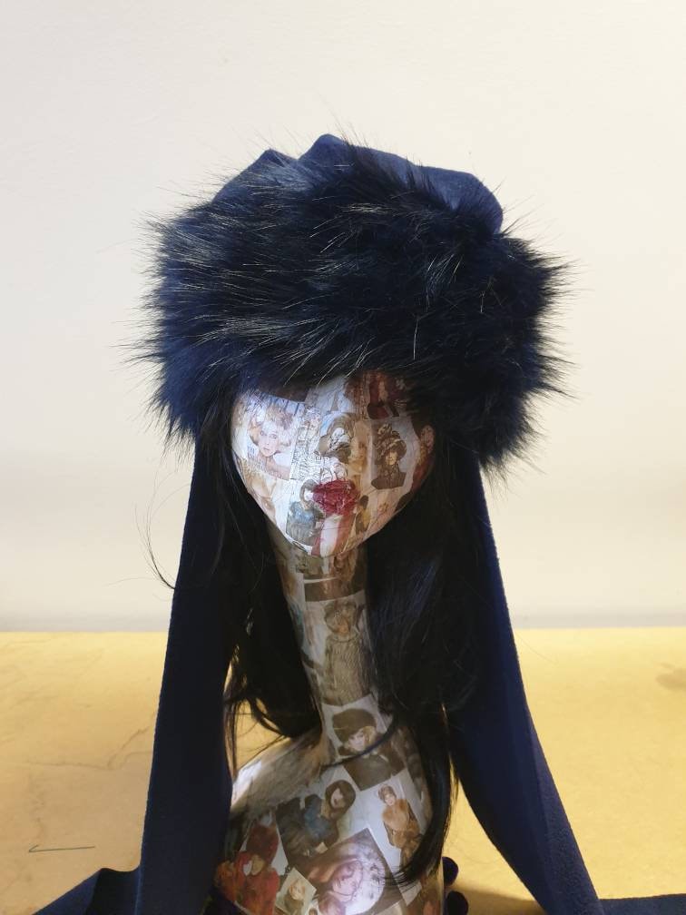 Frieda Scarf Hat-Navy Faux Fur Hat with Navy Fleece Top and Long Fleece Sides- Navy Fur Hat-Midnight Blue- Full Polar Fleece Lining