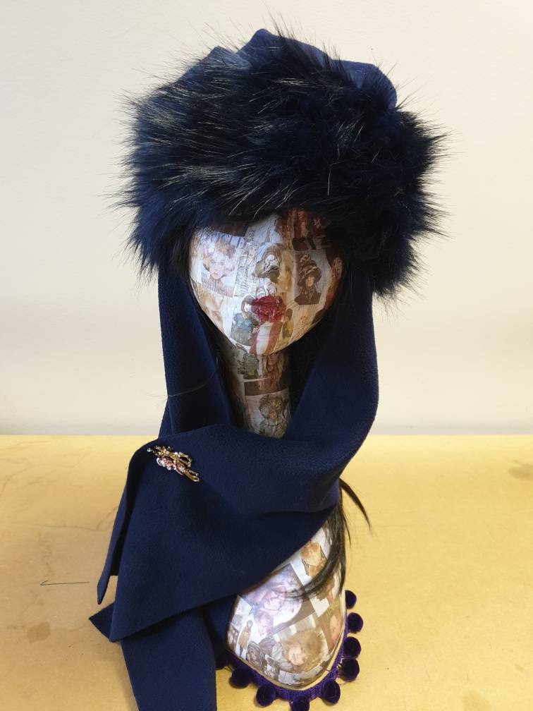 Frieda Scarf Hat-Navy Faux Fur Hat with Navy Fleece Top and Long Fleece Sides- Navy Fur Hat-Midnight Blue- Full Polar Fleece Lining