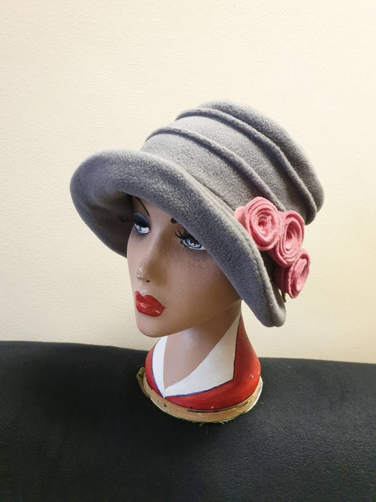 Light Grey Fleece Hat-Polar Fleece Lining-Downton Abbey Hat-Cloche Hat-Womens Fleece Winter Hat-1930's-Ladies Winter Hat-Grey Fleece Hat