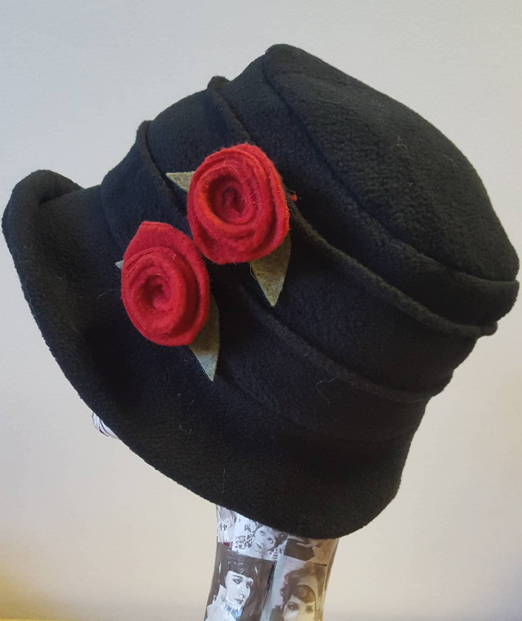 Handmade Black Fleece Hat with Red Flowers-Polar Fleece Lining-Downton Abbey Hat-Cloche Hat-Womens Fleece Winter Hat-1930's Hat-Fleece Hat