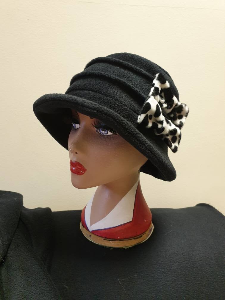 Black Cloche Hat In Cosy Polar Fleece-Dalmation Bows-Downton Abbey Hat-Womens Fleece Hat-Womens Fleece Winter Hat-1930's-Ladies Winter Hat