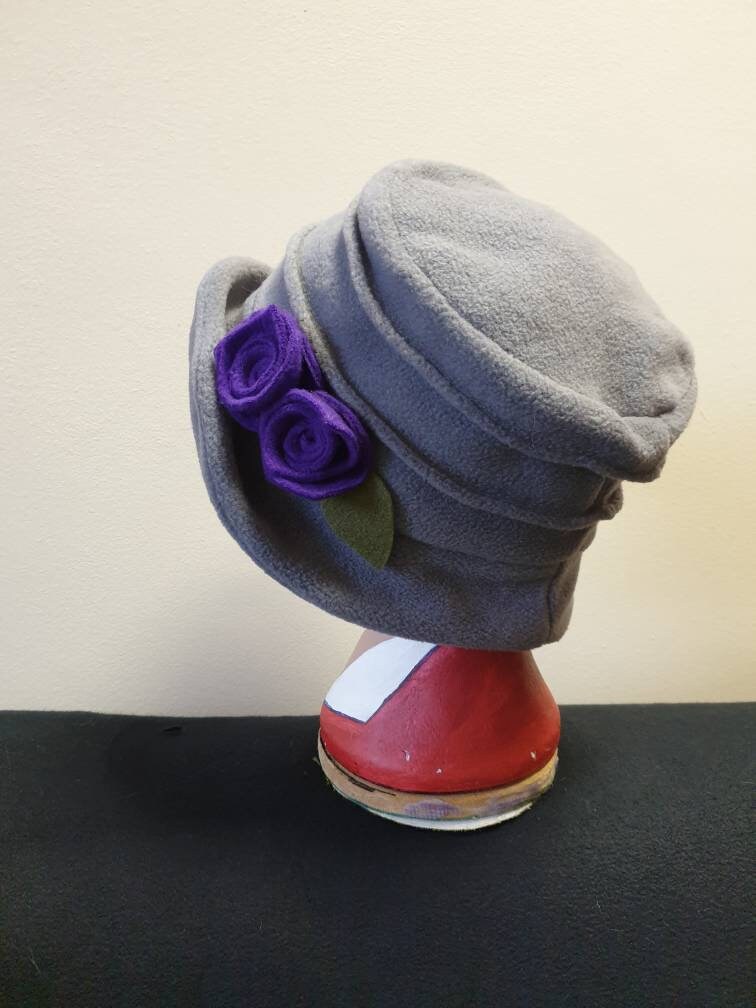 Light Grey Fleece Hat with Purple Flower-Polar Fleece Lining-Downton Abbey Hat-Cloche Hat-Womens Fleece Winter Hat-1930's-Ladies Winter Hat-