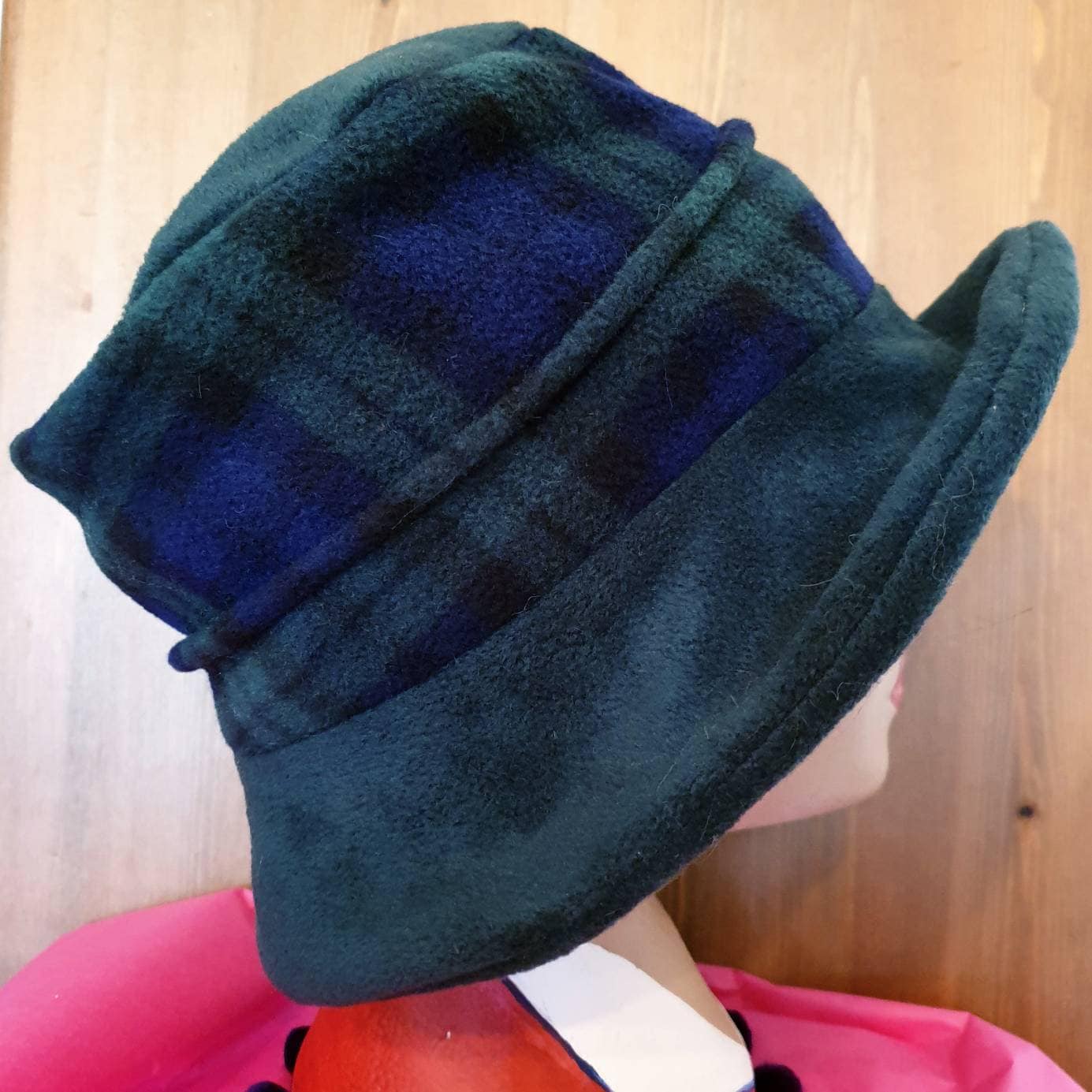 Dark Green & Tartan Fleece Cloche Hat | 1920s Vintage Style | Handmade in England