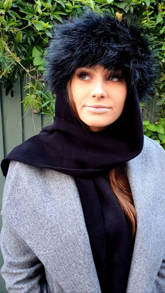 Black Faux Fur Frieda Scarf Hat. Faux Fur band with Fleece Top and Long Fleece Sides. Long Black Fake Fur with Full Polar Fleece Lining