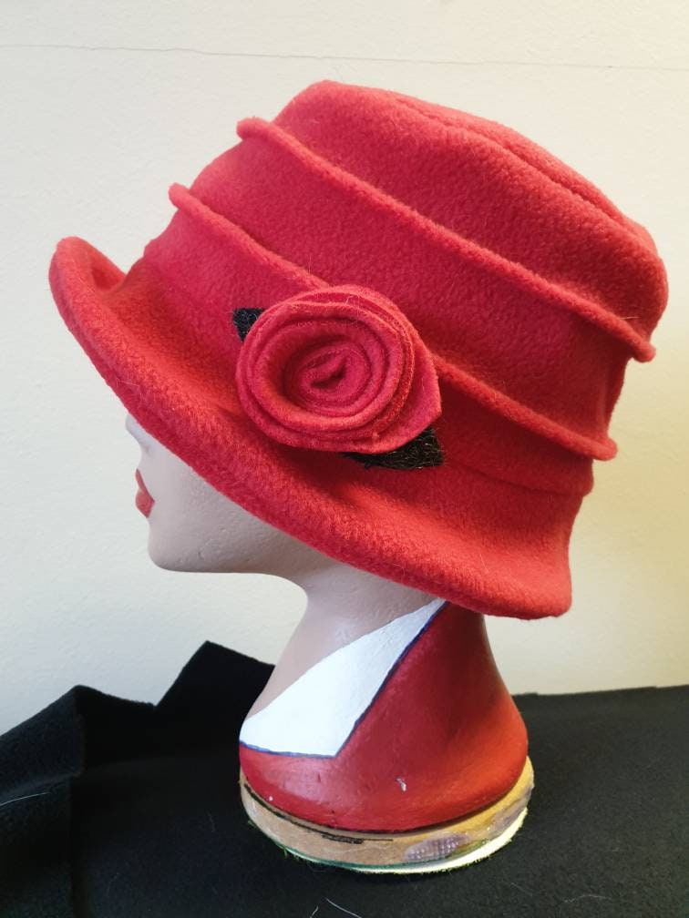 Red Fleece Hat Lined with Polar Fleece-Downton Abbey Hat-Womens Fleece Hat-Womens Fleece Winter Hat-1930's-Vintage Hat-Ladies Winter Hat