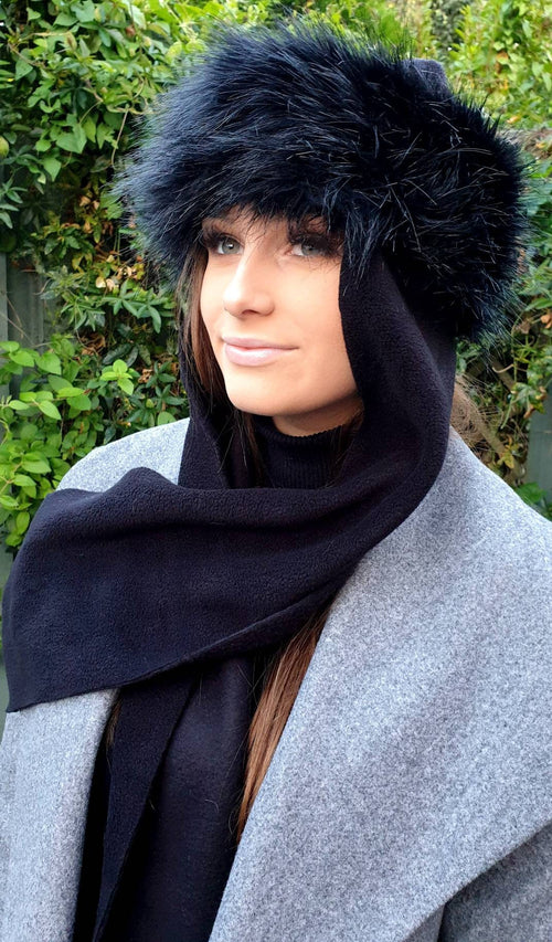 Black Faux Fur Frieda Scarf Hat. Faux Fur band with Fleece Top and Long Fleece Sides. Long Black Fake Fur with Full Polar Fleece Lining