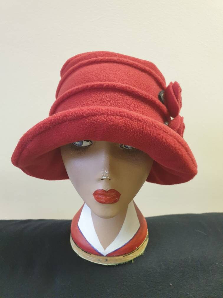 Flower Trimed Red Fleece Hat-Polar Fleece Lining-Downton Abbey Hat-Womens Fleece Hat-Womens Fleece Winter Hat-1930's-Ladies Winter Hat