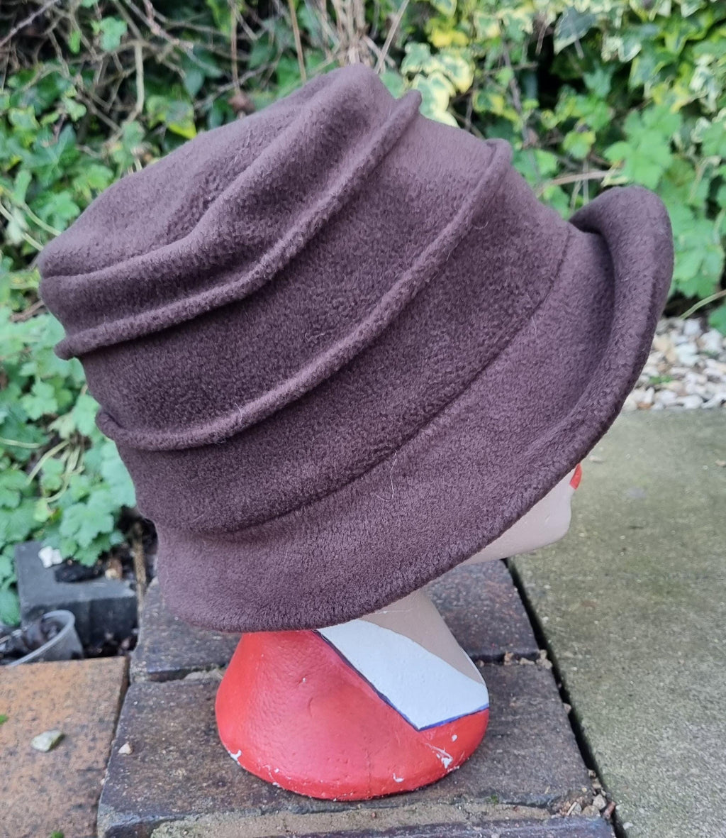Chocolate Brown Fleece Cloche Hat with Camel Flower-Fleece Lining-Downton Abbey Hat-Womens Fleece Hat-Ladies Winter Hat-Brown Polar Fleece