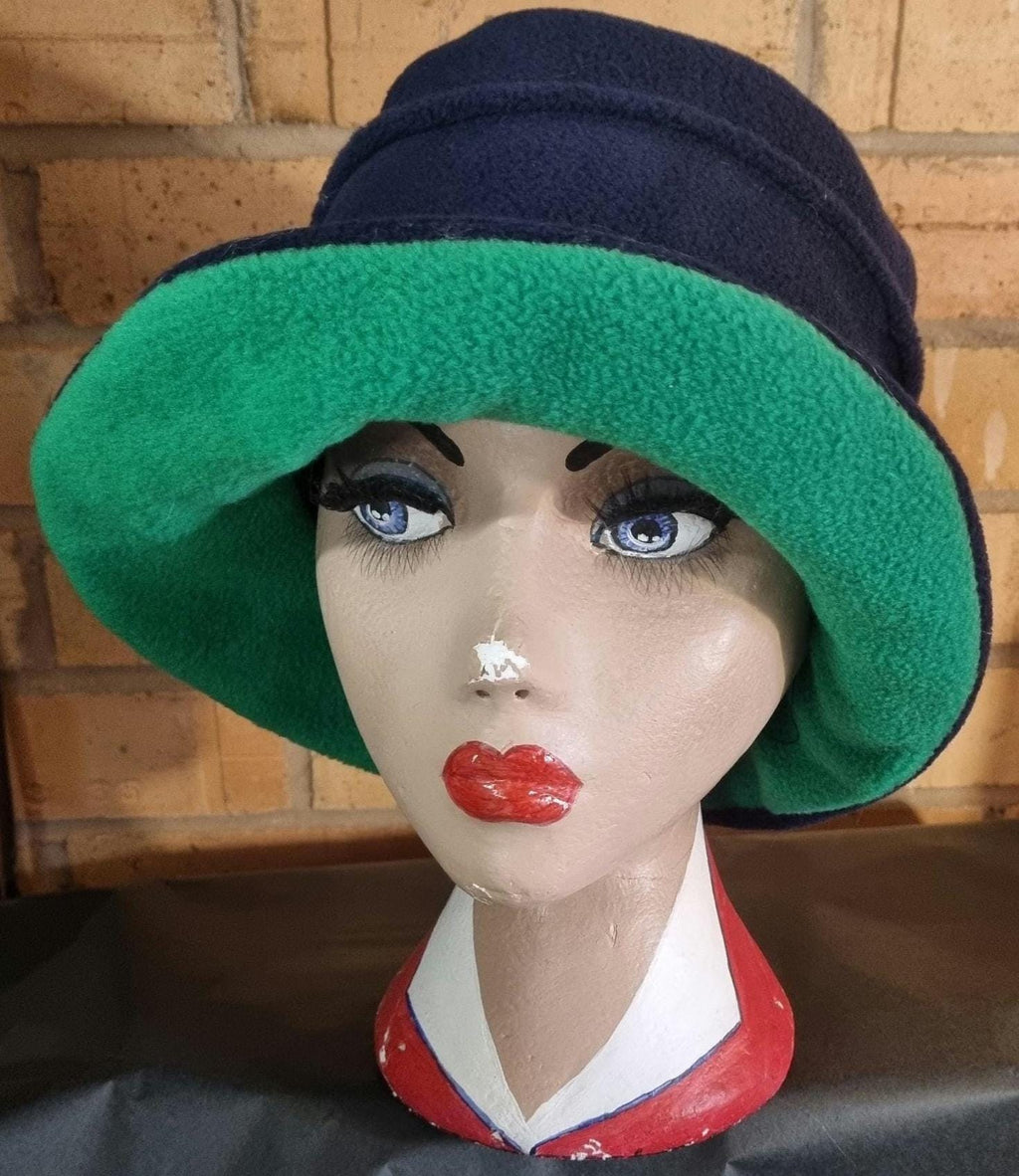 Fleece Cloche Hat: Navy Blue & Green, Downton Abbey Style